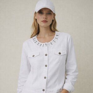 Lightweight denim  jacket, rhinestone detailing at neckline, 100% cotton